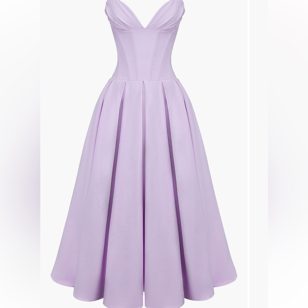 House of CB Lavender Strapless Corset Pleated Midi Dress - Picture 1 of 17